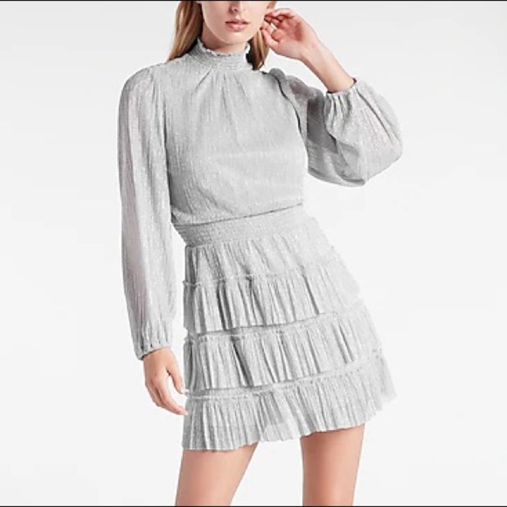 Express Metallic Smocked Mock Neck Tiered Ruffle Dress, Size Small, NWT